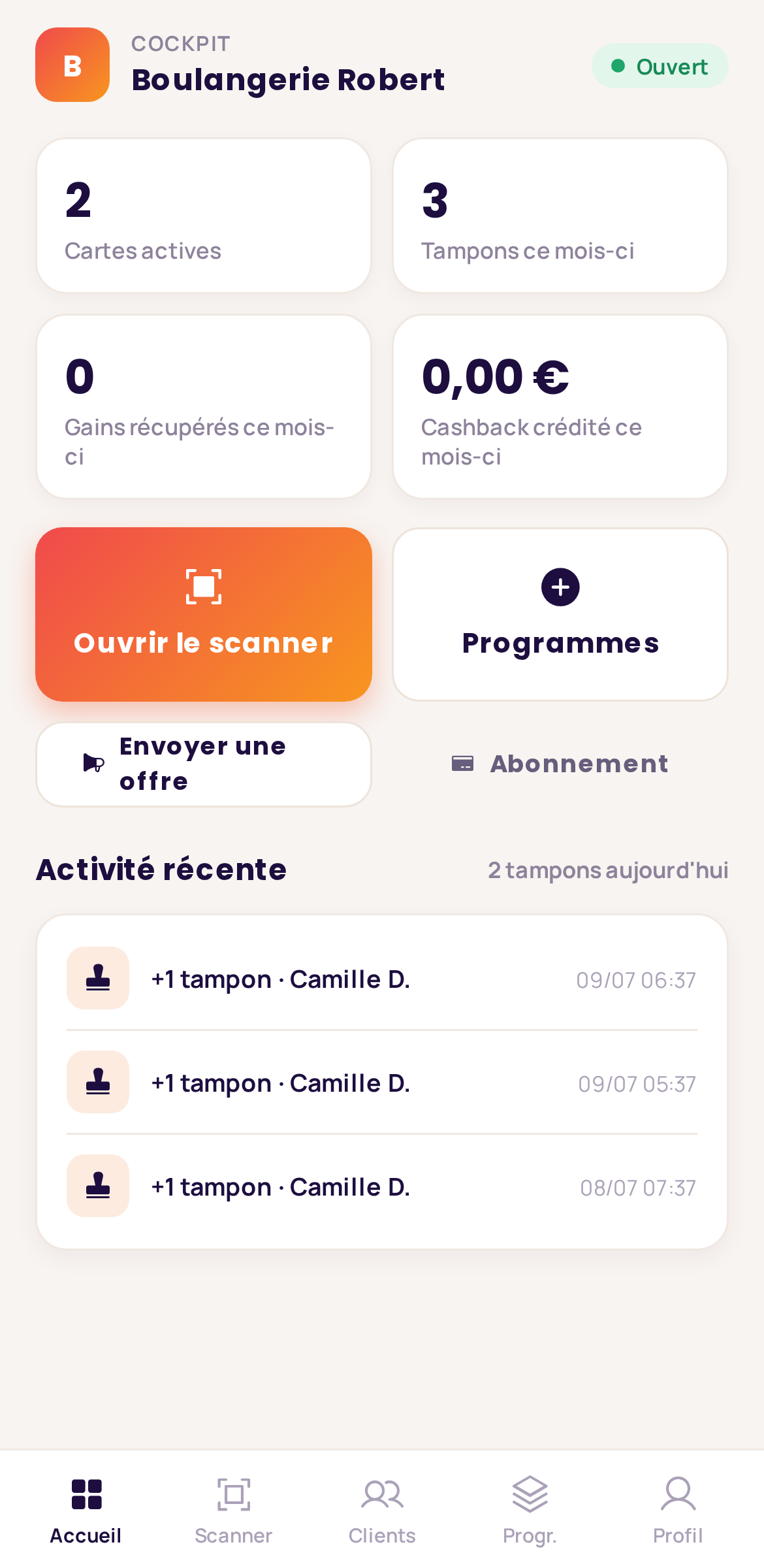 Le tableau de bord commerçant