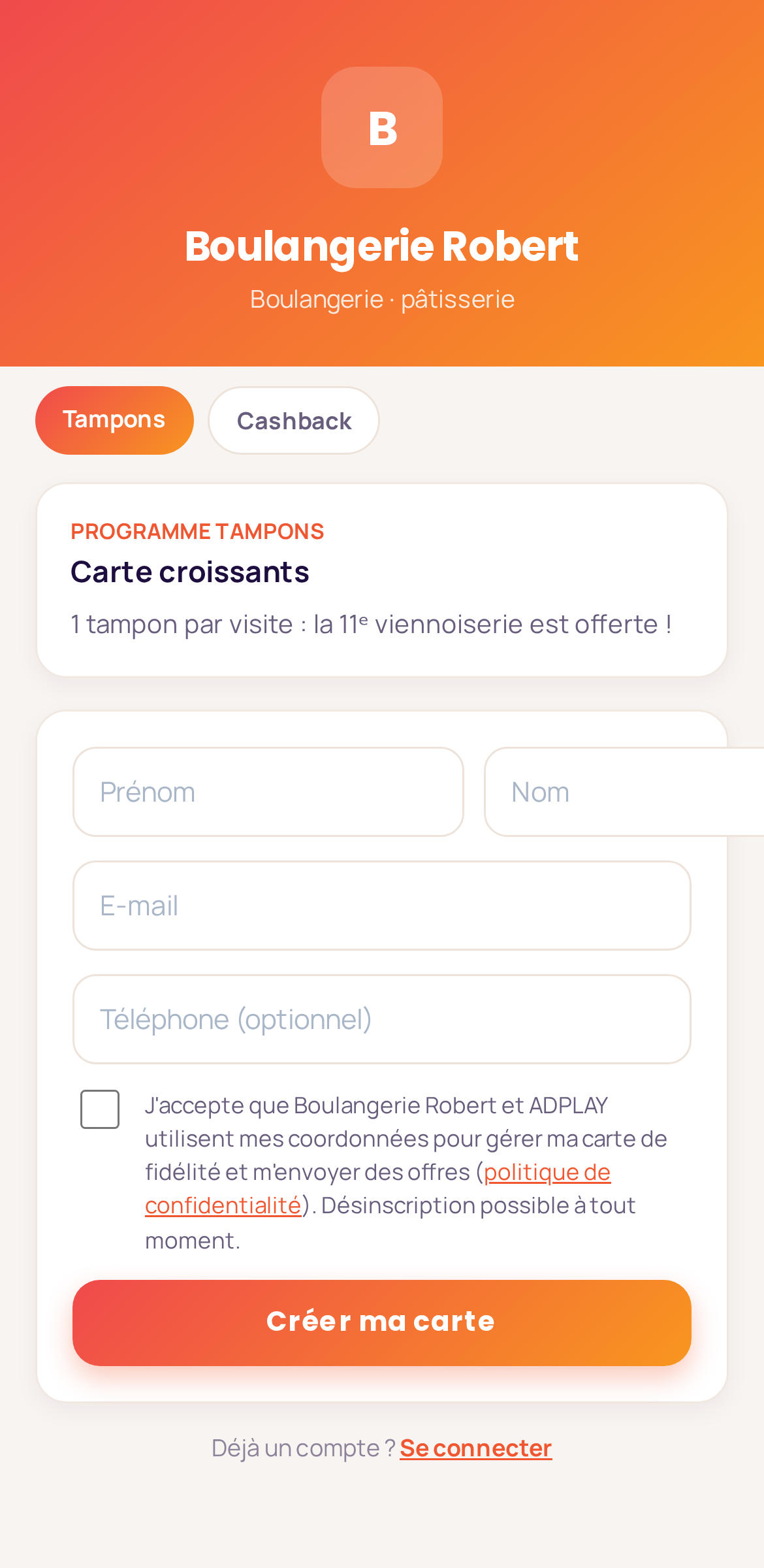 Page d'enrôlement aux couleurs du commerce