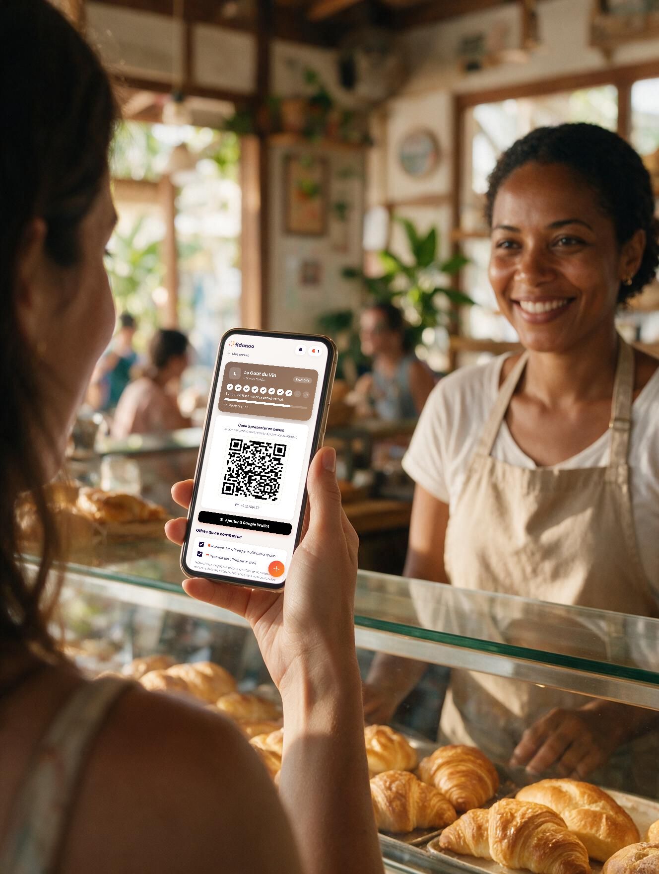 Une cliente présente sa carte Fidanoo à sa boulangère